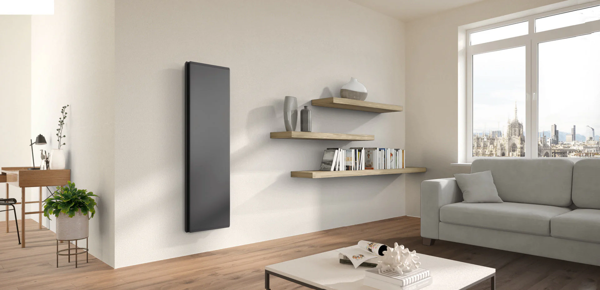 DRL Icon WiFi paneelradiator in antraciet in een modern interieur