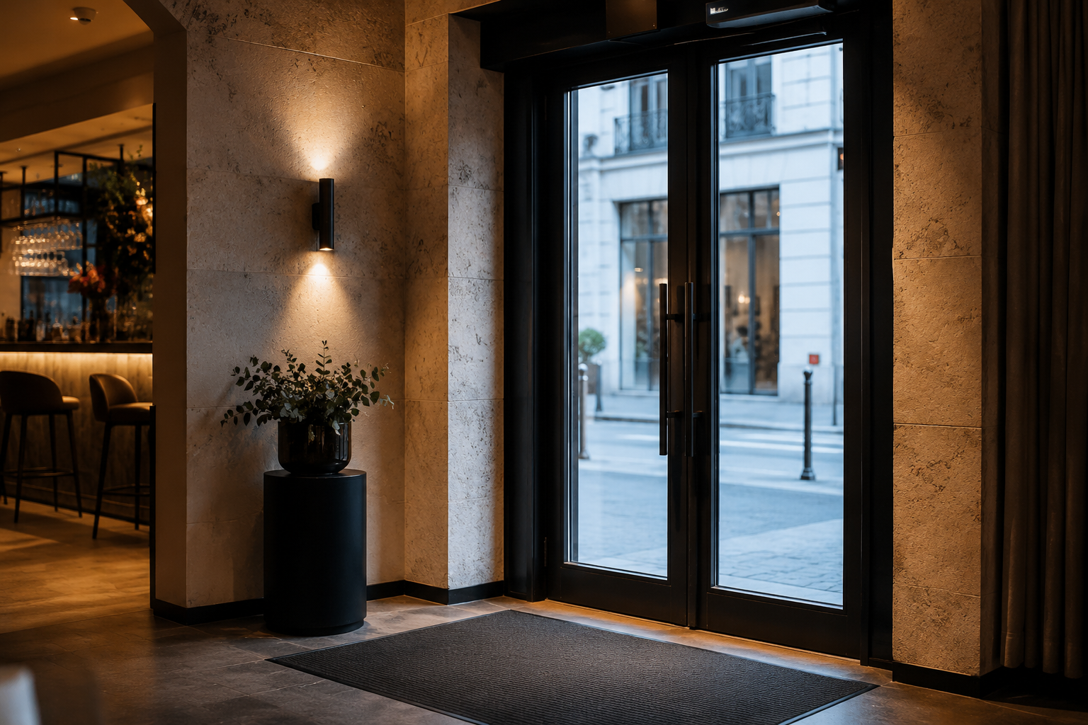 Premium horeca inkom met glazen deur en warm interieurlicht
